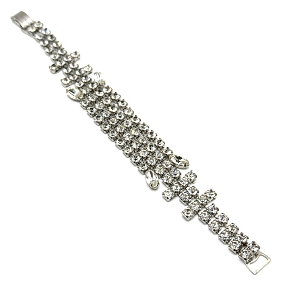 Vintage Clear Crystal Rhinestone Cocktail Bracelet Silver Tone Statement 7"